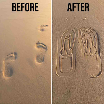 Before and after — plain footprints versus Soleprint footprints in the sand
