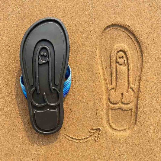 Soleprint flip-flop next to the print it leaves in sand